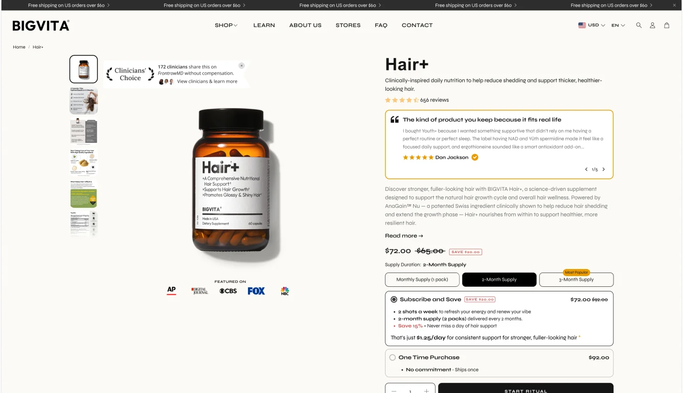 How Bigvita Improved Shopify Product Pages, Side Cart and Lifecycle Email Foundations — desktop